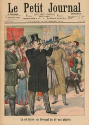 Carlos I, Portugalin ja Algarvesin kuningas, tähtäämässä kiväärillä kyyhkysiä, etukannen kuvitus Le Petit Journalista, liitekuva, 16. marraskuuta 1902